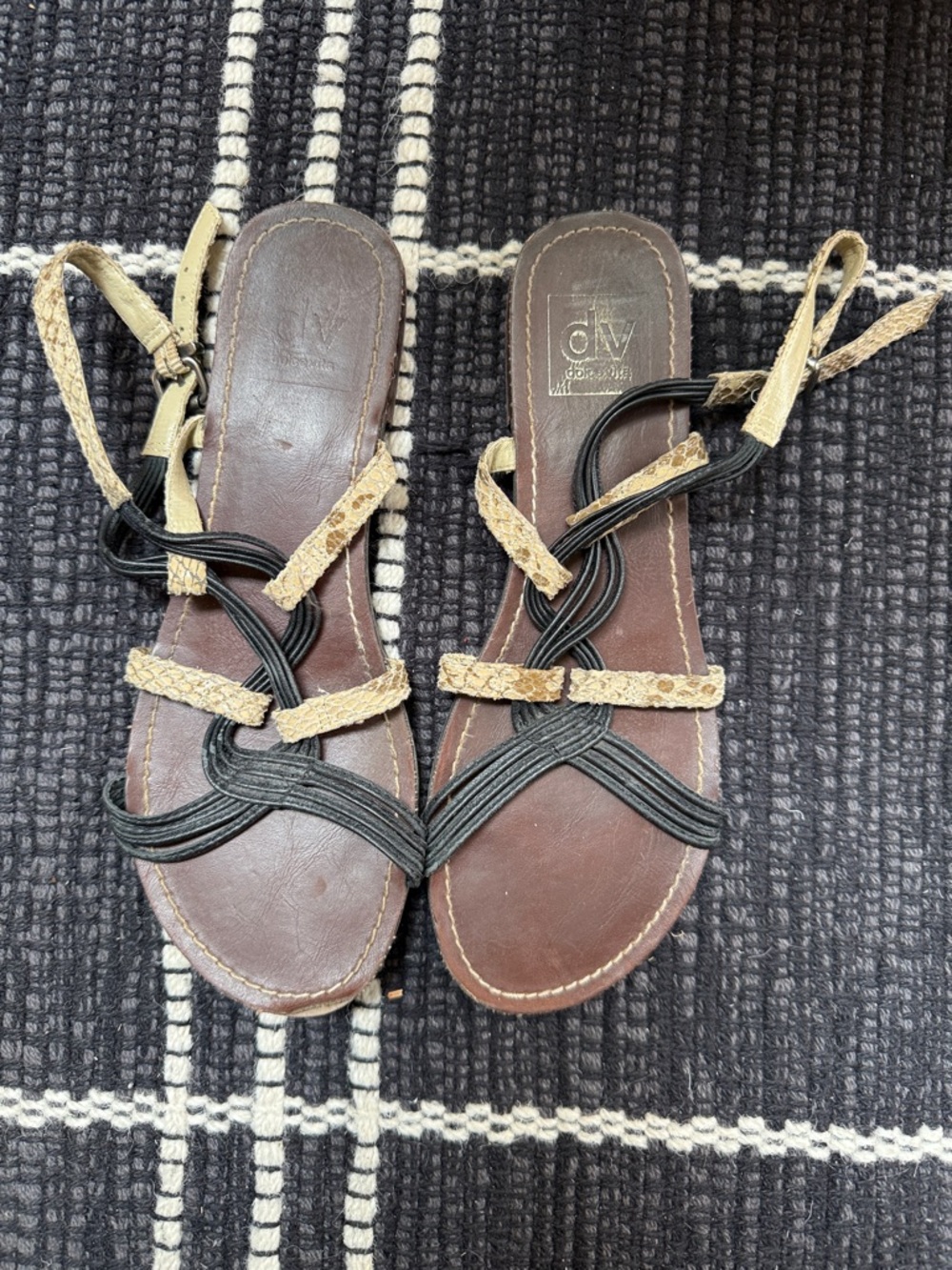 DV by Dolce Vita Brown Leather Sandals with Black Straps and Tan Braided Accents